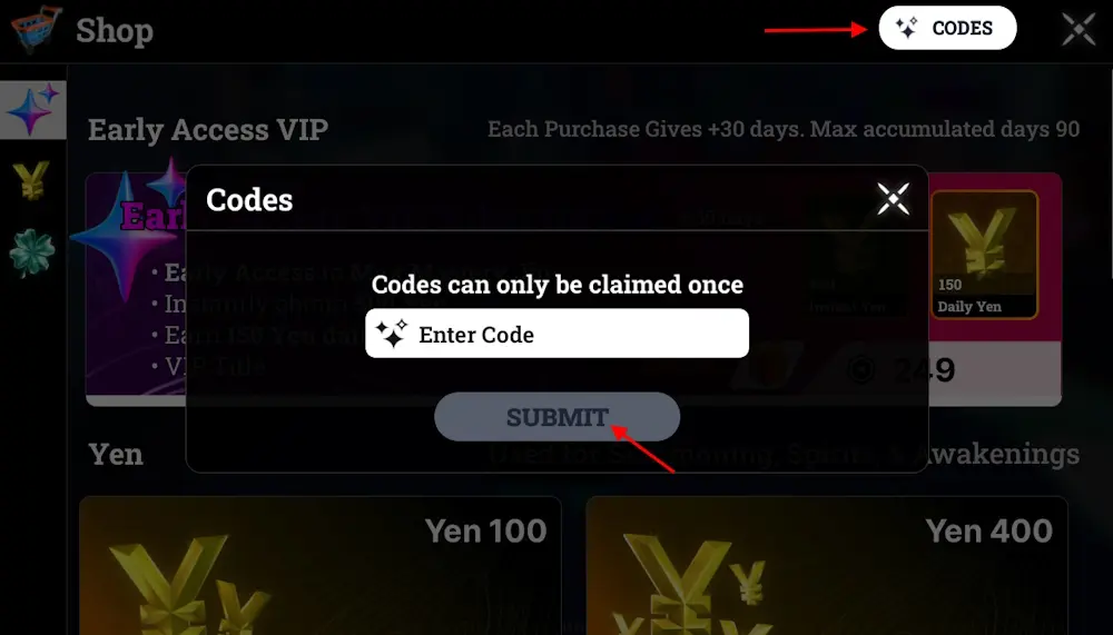 Racket Rivals Codes redemption menu screenshot